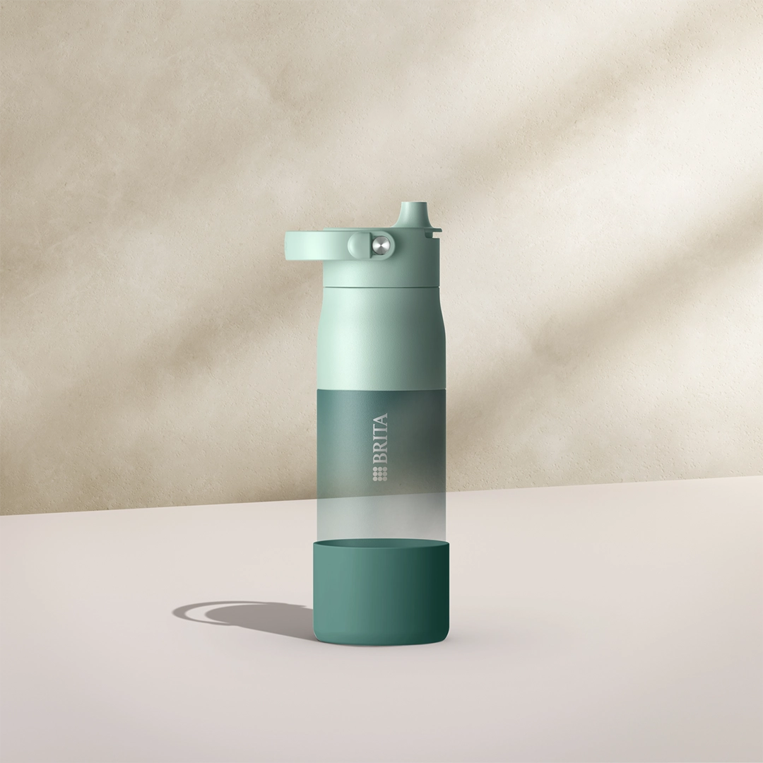 Green silicone boot for BRITA LARQ water bottle.