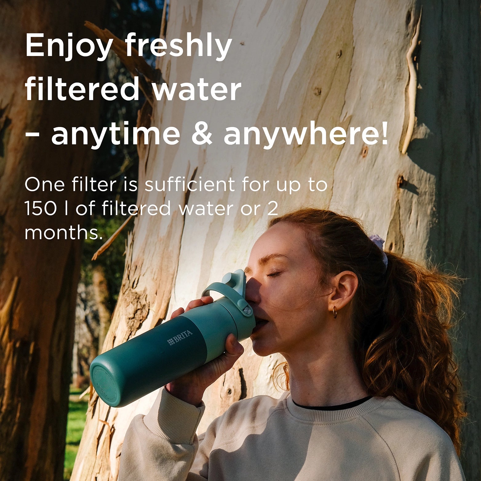 A woman drinking from a green BRITA LARQ water filter bottle, with a caption stating that it filters 150 L of water