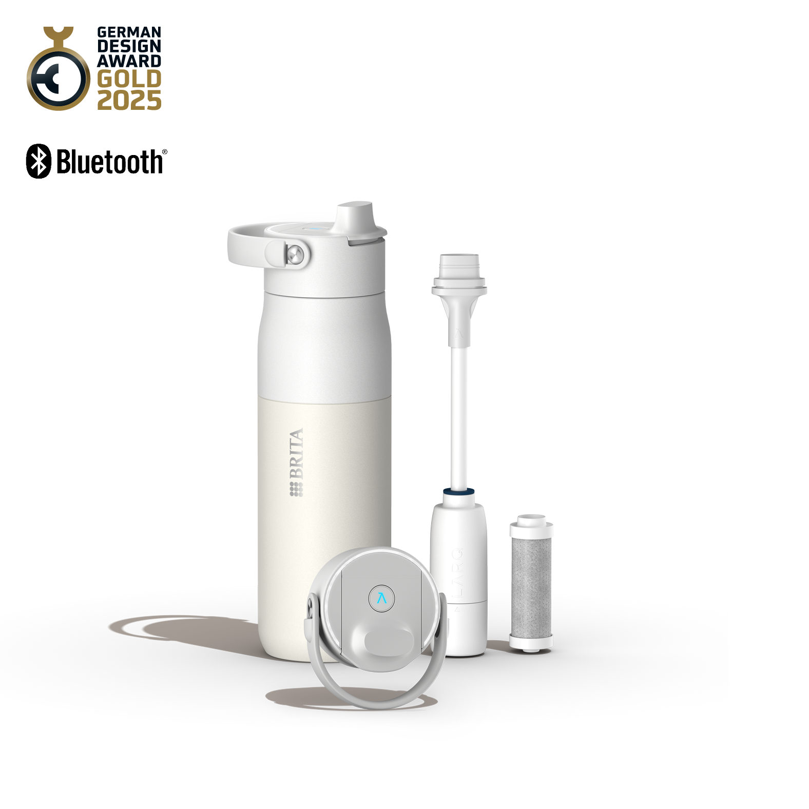 BRITA LARQ Bottle iQ in white with smart cap, filter components and award and Bluetooth icons