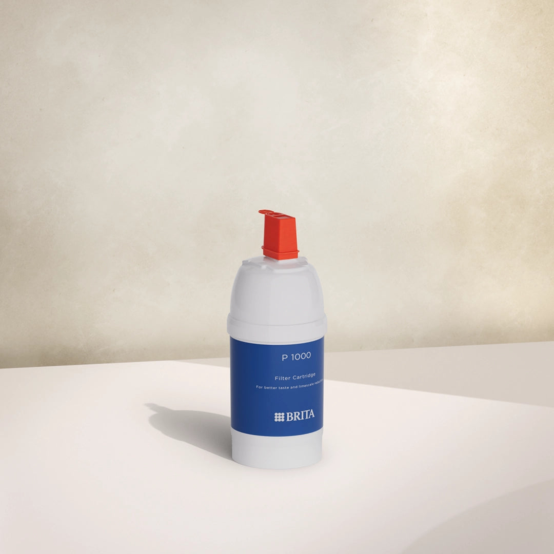 BRITA P 1000 filter patroon op een beige achtergrond