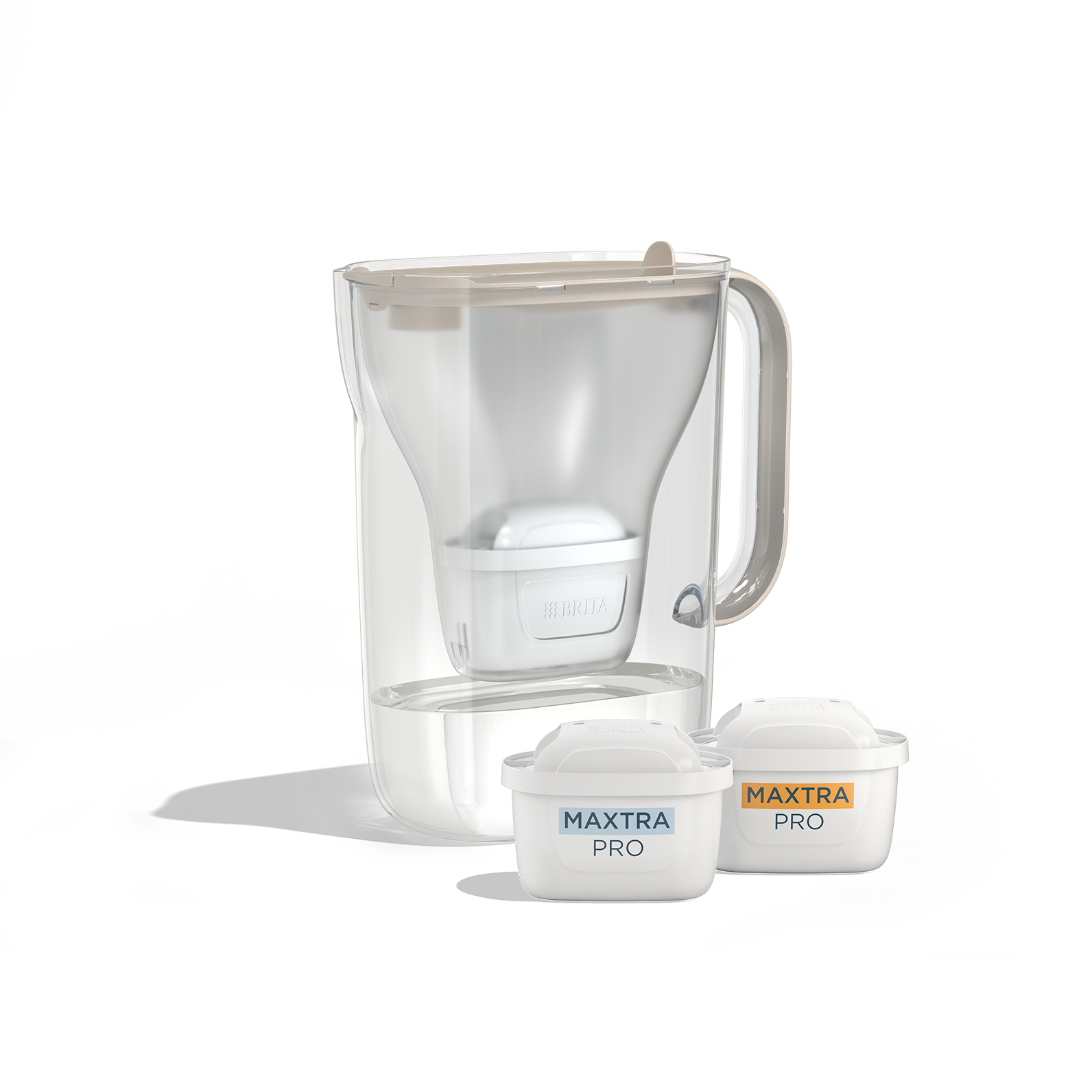 BRITA Style Essential in sand with two MAXTRA PRO filter cartridges.