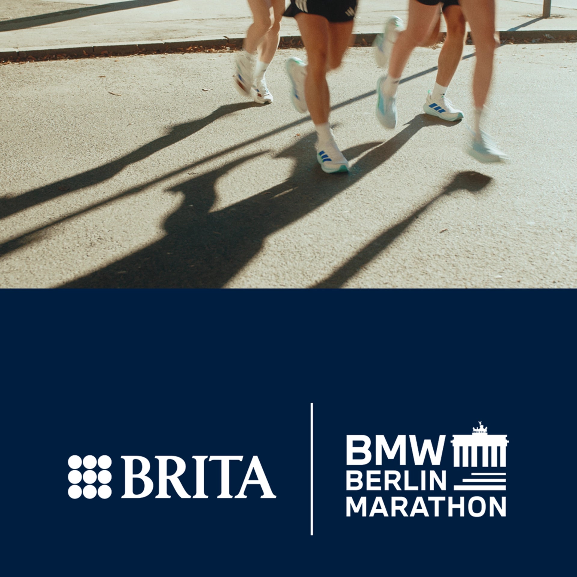 Runners' feet in motion with BRITA and BMW Berlin Marathon logos at the bottom.