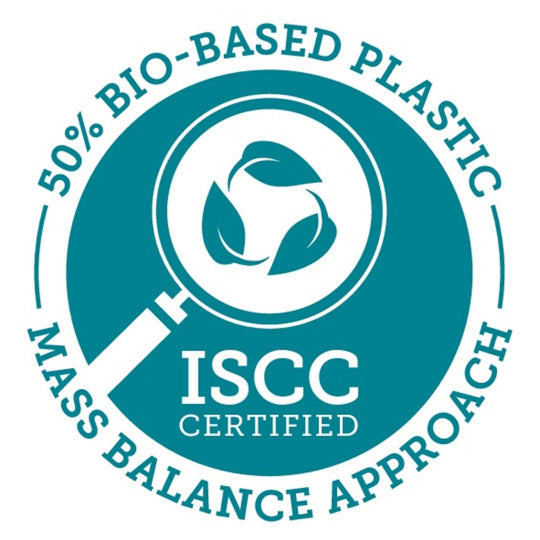 ISCC Certified logo for 50% bio-based plastic with a mass balance approach on a white background.