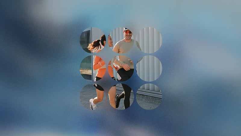 A man and a woman, both athletic, get ready for a run, followed by action shots of them running.